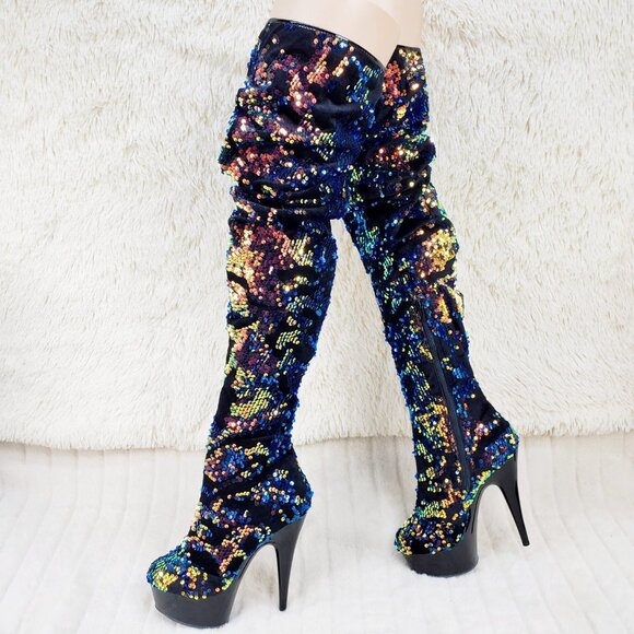 Blue Iridescent Sequin Thigh High 6" Heel Slouch Boots RESTOCKED 3004 - Picture 1 of 14